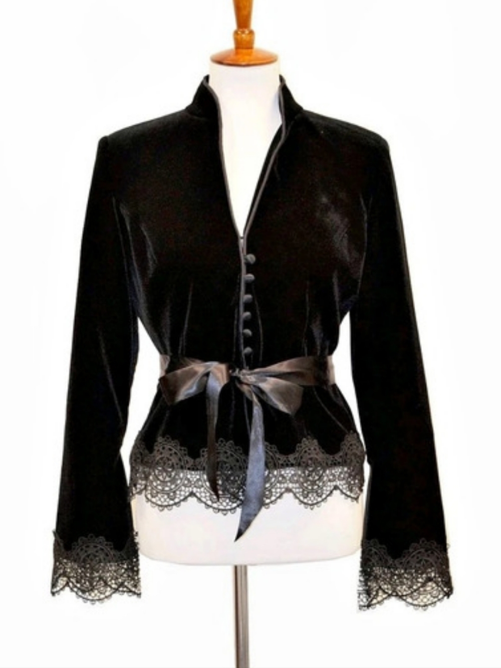 JS Collections Black Velvet Lace Trim Blouse Blazer Size 16